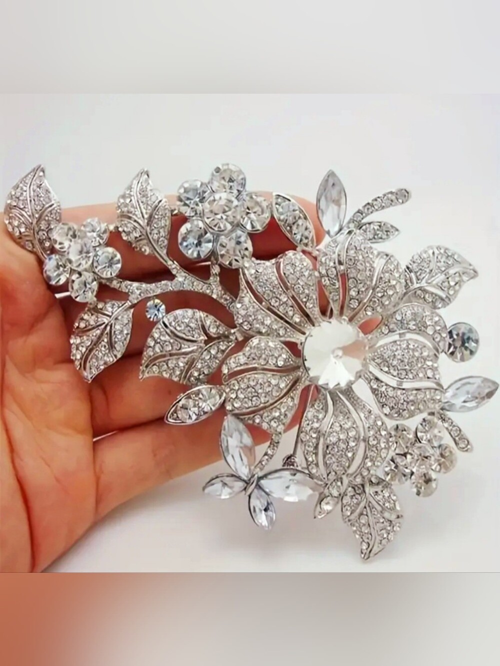 Crystal Floral Statement Brooch - Silver Tone - Picture 3 of 5
